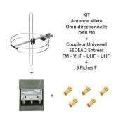 KIT Antenne mixte omnidirectionnelle DAB FM + Coupleur Universel SEDEA 2 Entrées FM – VHF – UHF + UHF + 5 Fiches F