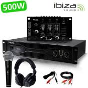 Pack Sono Dj Amplificateur 500W IBIZA SOUND SA500 + Table de mixage MIX800 + CASQUE MICRO + Câblages RCA + PC
