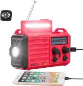 Radio Solaire Portable à Manivelle AM/FM/SW avec batterie Rechargeable 5000mAh, Lampe de Poche LED et Lampe de Lecture, Alarme SOS, Boussole rouge noi