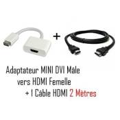 CABLING® Mini DVI mâle vers HDMI femelle Câble vidéo Adaptateur pour Macbook (blanc) + Cable HDMI 2M