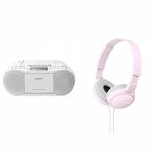 Sony Lecteur CD/Cassette/Radio Portable Blanc & MDR-ZX110 - Casque d'écoute Stereo, Son Puissant de qualité élevée - Rose
