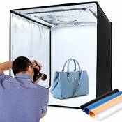 Boîte à Lumière Portable 60x60cm, 120 LED, Photo Studio Box Pliable, 95Ra 6000K, Tente de Shooting avec 4 Fonds (Blanc, Noir, Bleu, Orange),velcro