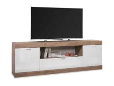 Meuble TV avec 2 portes, 1 tiroir et 1 niche - Naturel et blanc laqué - EVOLIA