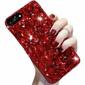 Coque Diamant pour Samsung Galaxy M10/A10,LCHDA Coque pour Samsung Galaxy M10/A10 Strass Diamant Rouge 3D Bling Bling Brillant Paillette Transparente