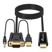 PETERONG Câble VGA vers HDMI 180cm 1080P@60Hz Adaptateur VGA vers HDMI avec Audio 3,5mm pour PC, Laptop, TV Box pour Moniteur, HDTV, Projecteur, Écran