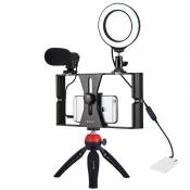 PULUZ Vlogging 4 en 1 Kit de lumière LED pour selfie avec microphone + support trépied + tête de trépied pour smartphone Rouge