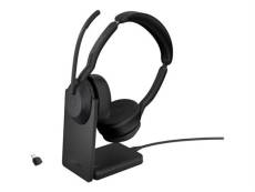 Jabra Evolve2 55 UC Stereo - Micro-casque - sur-oreille - Bluetooth - sans fil - Suppresseur de bruit actif - USB-C - noir - avec support de chargemen