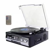 DLITIME Bluetooth Platine Vinyle,Lecteur Vinyle 33/45/78 TR/Min avec Cassette/AM&FM/USB/RCA/AUX/Télécommande