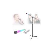 pied de microphone njs en acier à hauteur réglable pour chant karaoké avec micro gris effet lumineux disco