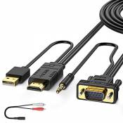 FOINNEX Câble VGA vers HDMI 15M(Ancien PC de Style à Nouvelle TV/Moniteur avec HDMI), VGA vers HDMI Cordon Convertisseur/Adaptateur avec Audio pour Or