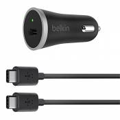 Belkin - Chargeur Allume-Cigare USB-C, 15W avec Câble USB-C 2.0 vers USB-C - 1,2m - Noir (Compatible avec Samsung Galaxy S9/S9+)