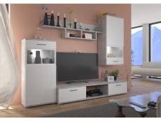 Furnix meuble multimédia Amadao meuble-paroi 4 pièces avec vitrine en verre et plateau tv béton blanc