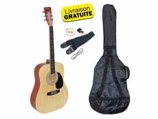 Kit guitare acoustique johnny brook jb300 couleur naturel avec sacoche, la sangle, le médiator et les cordes