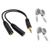 2 paires Ecouteurs stéréo - jack 3.5 + splitter jack audio Noir (permet de brancher deux 2 écouteurs sur le même appareil)