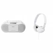 Sony Lecteur CD/Cassette/Radio Portable Blanc & MDR-ZX110B Casque Pliable - Blanc