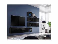 Ensemble meuble tv mural cube 7 design coloris noir et noir brillant. Meuble de salon suspendu