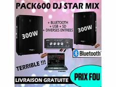 Pack sono 600w total + ampli pls1250 + 2 enceintes 300w pa dj sono mix led light soirée familiale bar club maison danse