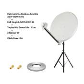 Pack Antenne Parabole Satellite Acier 65cm Blanc HD4K + LNB Single 0,1dB Full HD 4K + Trépied Alu Extensible 150cm + 2 Fiches F Or + Câble Coax 10m