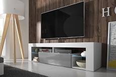 Hestia - Meuble TV (140 cm, Blanc Mat/Fronts Gris Brillant