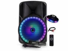 Haut-parleur party sound sono dj karaoke 800w batterie disco mobile 15" à led rgb usb-micro sd-bt-fm + 2 micros + ovni