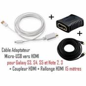 CABLING® cable Adapter MHL to HDMI Adapter - adaptateur audio/vidéo - MHL - 2 mètres + coupleur HDMi + cable HDMI 15M
