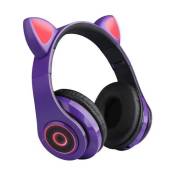 Casque de stéréo pour Bluetooth 5.0 chat oreille lapin LED avec micro enfants filles,sans fil - Violet