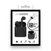 Ledwood - Ecouteurs Bluetooth avec Boitier de chargement - Pack 3 en 1 : Ecouteurs + Etui transport + Cordon magnétique - Noir