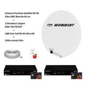 Kit Antenne Parabole Sat HD 4K Fibre SMC Blanche 85cm WORLDSAT + 2 Décodeurs Sagem DS81 HD TNTSAT + LNB Twin Full HD 4K Ultra HD + Câble coaxial 50m