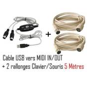 CABLING® Cable USB-MIDI Connectors: 1 x USB A 2x DIN 5 plugs connecteur Argent. + 2 câbles prolongateur PS2 5 mètres