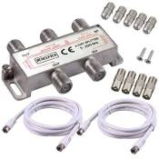 Pack répartiteur Splitter 1 entrée 4 sorties UHF/VHF/FM HDME - 5 - 2500MHz + 2 Câbles coax 1.5m + 4 Fiches F + 5 connecteurs raccord F F