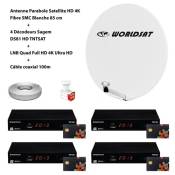 Kit Antenne Parabole Sat HD 4K Fibre SMC Blanche 85cm WORLDSAT + 4 Décodeurs Sagem DS81 HD TNTSAT + LNB Quad 4K Ultra Full HD + Câble coaxial 100m