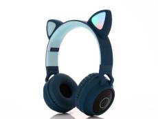 WISETONY® Casque audio sans fil Bluetooth oreilles de chat avec LED, compatible avec PC, téléphones portables, tablettes, PSP - Bleu