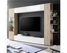 Meuble tv mural blanc et chêne SOPRANO 3-L 257 x P 30 x H 187 cm- Blanc