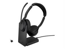 Jabra Evolve2 55 MS Stereo - Micro-casque - sur-oreille - Bluetooth - sans fil - Suppresseur de bruit actif - USB-C - noir - avec support de chargemen