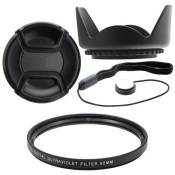 Kit 62mm Pare Soleil et Lens Cap + Filtre UV et Dragonne pour NIKKOR, Nikon, Fujinon, Sony
