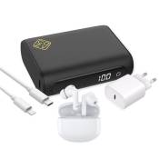 Pack Essentiel - Batterie externe 10 000 mAh + Écouteurs sans fil pour Réduction de Bruit + Chargeur 20W + Câble Lightning vers USB-C - Blanc