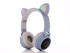 WISETONY® Casque audio sans fil Bluetooth oreilles de chat avec LED, compatible avec PC, téléphones portables, tablettes, PSP - Bleu&gris