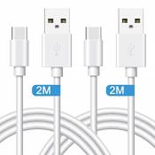 Quntis Lot de 2 Câbles USB Type C 2M Charge Rapide, Certifié 18w, Chargeur USB C Blanc pour Samsung Galaxy S21 S20+ S10 S10E S9 S8 Plus A5 A3 2017 A8