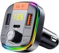 Transmetteur FM sans Fil Bluetooth 5.0,7 Couleurs Lumière, Kit Main Libre Voiture avec Chargeur Allume Cigare USB 5V/3.1A & QC3.0, Soutien Carte TF/Cl