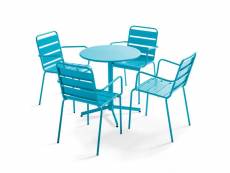 Ensemble table de jardin et 4 fauteuils métal bleu