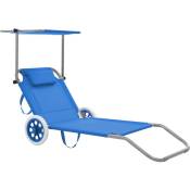 Chaise longue pliable avec auvent et roues Acier Bleu