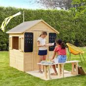 Cabane en bois avec terrasse et banc pour enfants -