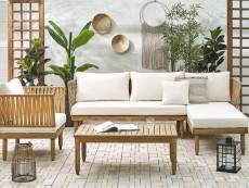 Salon de jardin 4 places en bois avec coussins blanc