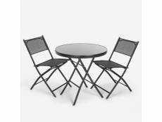 Table ronde + 2 chaises pliantes pour jardin extérieur
