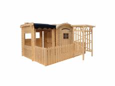 Maison en bois avec abri et terrasse pour enfants -