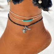 Handcess Bracelet de cheville bohème turquoise en forme de tortue avec perles tissées pour femme et fille