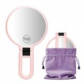 Dolovemk Miroir de maquillage de voyage avec support double face pliable grossissant x10 - Avec poignée - Rose
