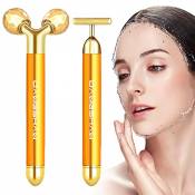 2-EN-1 Beauty Bar 24k Golden Massage Facial Visage Massager, 3D Roller Électrique et T Shape Visage Masseur Arm Eye Nose Head Massager Outils de soins