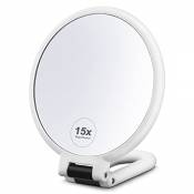 Miroir de maquillage grossissant x 15 - Pliable - Double face - Miroir de voyage - Miroir de maquillage portable avec poignée pliable réglable - Blanc