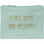 Les Vilaines Filles 39-VF-010 Trousse à maquillage Peace Love and Mojito Bleu turquoise Coton Fermeture zip H16 x 1 x 22 cm